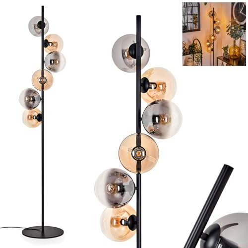 Stehleuchte Gastor, Stehlampe aus Metall/Glas in Schwarz/Rauch/Bernstein/Klar, Leuchte im Retro/Vintage-Design mit Schirmen aus Glas (Ø 15 cm) u. Fußschalter, Höhe 160 cm, 6 x E14, ohne Leuchtmittel