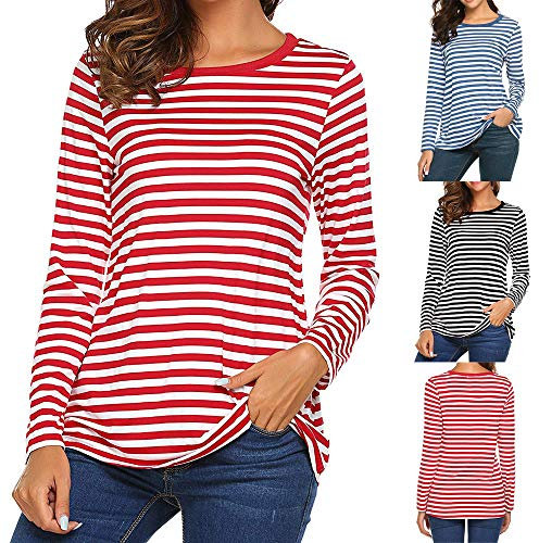 Angxiwan Ladies Tops Red and White Stripe T-Shirt Crew Neck Long Sleeve Tunic Top Casual Loose Fit Tee Blouse Book Week Fancy Costume
