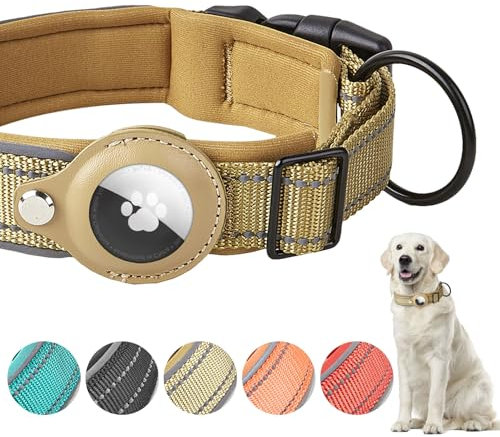 Boloshine AirTag Hundehalsband, Verstellbares Reflektierend Halsband Hund, Integriertes Apple Air Tag Hundehalsband Weich Gepolstertes für Große Mittelgroße Kleine Hunde (Khaki, S)