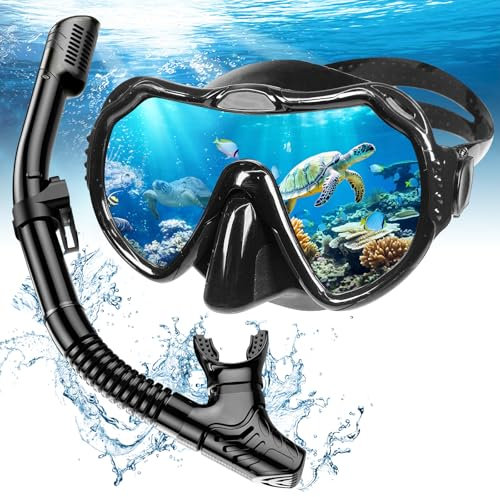 Snorkel Set Adults, Scuba Snorkelling Packages with Anti-Fog Panoramic View Swimming Goggles,Dry Snorkel Set Suitable for Snorkeling Diving Swimming (Black)