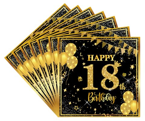 Servietten 18. Geburtstag Mädchen Junge,20 Stück Schwarze Gold Geburtstagsservietten,Partyservietten,18. Geburtstag Deko Servietten,Papierservietten für Junge Mädchen 18. Geburtstags Tischdekoration