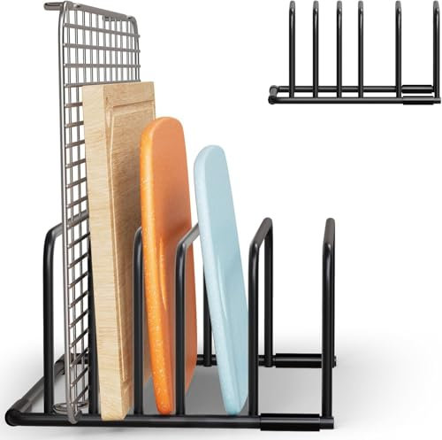 MUSLONG Support pour planche à découper - Noir - Support polyvalent pour planches à découper et couvercles de casserole - 5 fentes de rangement - Métal - 15 x 19 x 9 cm