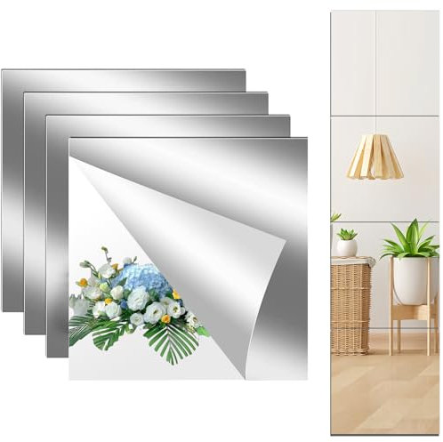 Mulomir Flexibler Selbstklebender Spiegel, Dicker Acryl Spiegel, Rahmenloser Wandspiegel Wanddekoration für Zuhause, Wand, Fitnessstudio, Tür, DIY-Dekor (4pcs, 20 * 20cm, 2mm)
