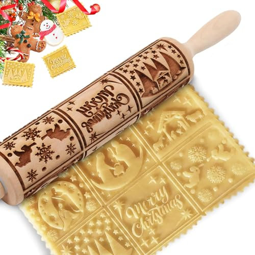 Weihnachts Nudelholz, Nudelholz mit Muster Weihnachten, 35cm Holz 3D Motiv Geprägt Nudelholz, Jesus Motiv Nudelholz als Backzubehör, DIY Präge Nudelholz für Hausgemachtes Bäck Gebäck Cookie (A)