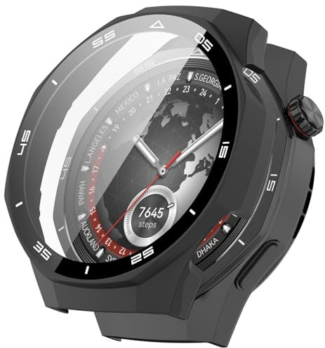 AWADUO Compatible con Huawei Watch GT5 Pro 46 mm Smartwatch Full Coverage PC Funda con Cristal Templado Touchable Screen Protector Smartwatch Accesorios (Negro)