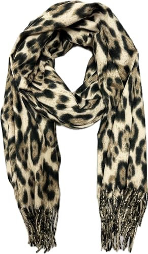 XXL Leopard Winter Herbst Schal Stola Tuch Übergangsschal Wolle Baumwolle mit Fransen Leo (Beige)
