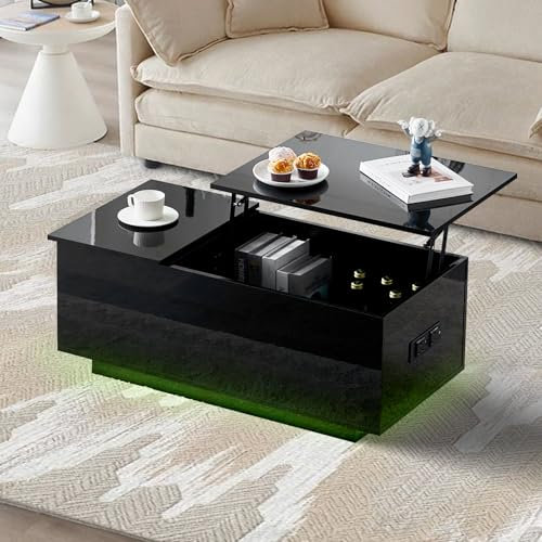 LEMROE Lift Up Coffee Table with Storage, Black High Gloss Coffee Table with LED Lights Modern Centre Table for Living Room Sofa Home Offce