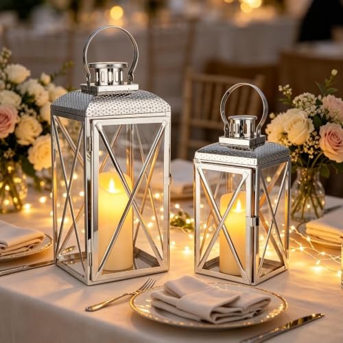 TRIROCKS Edelstahl Laternen 2er Set, Deko Windlicht Laterne Groß 46/36 cm mit gehärtetem Glas, Silberne Kerzenlaterne für Stumpenkerzen & LED-Kerzen Wohnzimmer, Garten, Terrasse, Hochzeit, Party