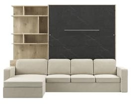 MAXIMAHOUSE Schrankbett Vertikal Invento NOVA 160V (160x200) mit Couch Ecksofa, und Bücherregal, Lattenrost aus Holz, Wandbett Klappbett, Bett im Schrank(Eiche Charkiw/Stein+Beige)