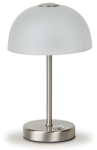 KHG LED-Tischleuchte in silberfarbe mit Alabasterglas-Schirm - 3-Stufen Touchdimmer - Warmweißes Licht - Kompakte Schreibtischlampe für Wohn- und Arbeitszimmer - Energieeffizient und modern