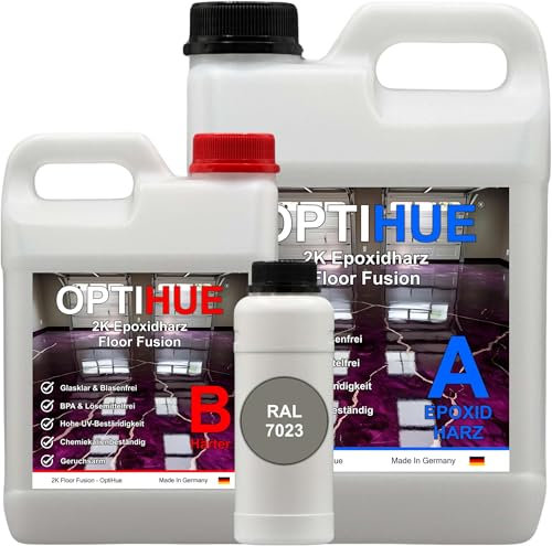 Optihue Epoxidharz Bodenbeschichtung Garagenboden Bodenfarbe 2K Harz&Härter Garagenbeschichtung,Profi Qualität, Epoxy Gießharz geruchsarm Boden Werkstattboden (RAL 7023 Betongrau)