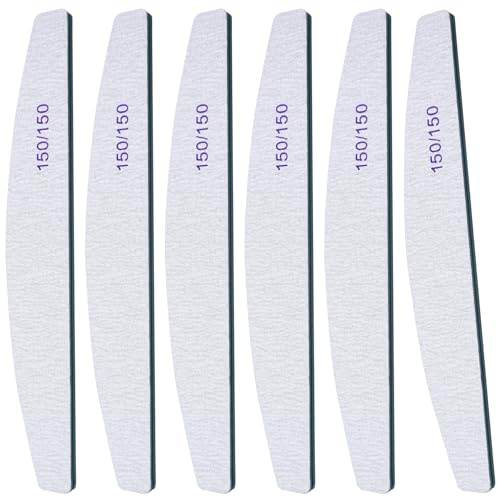6Pcs Washable Professional Nail Files, 150/150 Grit Double Sided Nail Files for Natural Gel and Acrylic Nails, Half-Moon Fingernail File Manicure Tools Nails Buffing Block for Home Salon