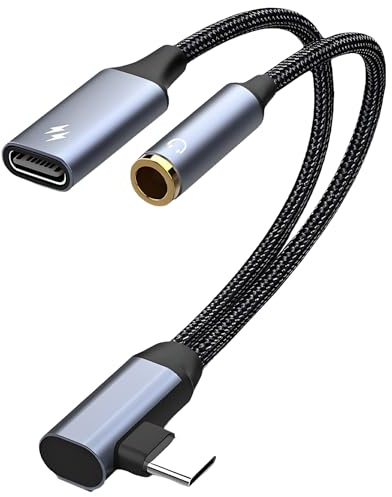 Leloco Adapter USB C auf Klinke, 2-in-1Typ C auf 3,5mm und Typ C Laden Kopfhörer Adapter mit DAC Chip USB C Aux Adapter 90 Grad Winkel Kompatibel mit iPhone 16/Pro/Max, Samsung S24/S23 usw