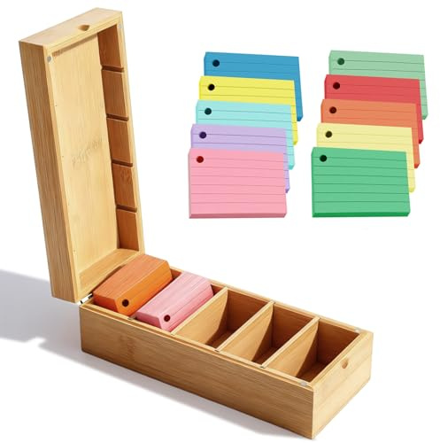 A8 Aarteikarten Box Holz, 22.2x9.5x7cm Karteikasten Holzbox mit Deckel Lernbox Vokabelbox mit 500 Stück Haftnotizen Karten Aufbewahrungsbox für Büro Schulen Heim