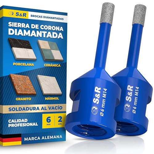 S&R Professional 2-tlg Diamantbohrer M14, Diamant Fliesenbohrer Set 6mm für Winkelschleifer, für Harte Keramik, Feinsteinzeug, Granit, Porzellan, Marmor, Fliesen Bohrer Set, Diamantbohrer 6mm