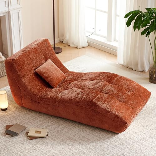Huadeo Chaise Lounge Chair with Curved Back, Modern Upholstered Recliner Sofa, Tufted Accent Lounger Comfortable Lazy Chair for Bedroom, Apartment (Orange)
