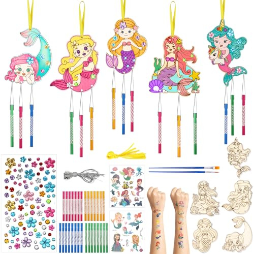 SRIZIAN 10piezas Sirena Manualidades para Niñas Kit de Manualidades de Campanillas de Viento de Madera de Sirena Regalos Manualidades Decoración para Fiestas Puertas y Jardines Bricolaje