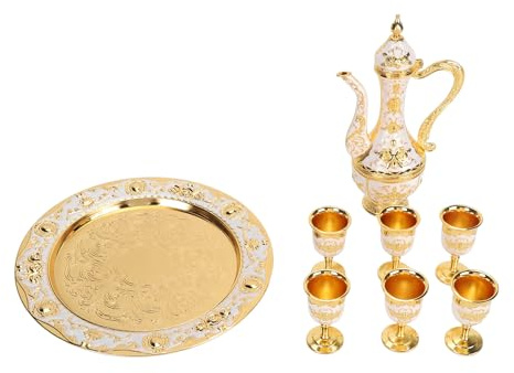 Vintage Coffee Pot Set, Metal Tea Pot Set with 6 Cups and Tray, European Court Style Zinc Alloy Turkish Coffee Maker for Home Bar Wedding Decoration (Gold White)