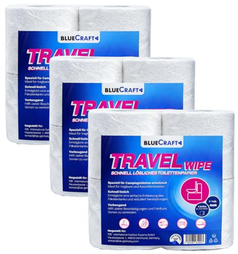 Bluecraft Camping Toilettenpapier selbstauflösend, 2-lagig, 12 Rollen | Für Campingtoilette, Chemietoilette - WC Klopapier verstopfungsfrei, schnelllöslich, weich für Wohnmobil, Wohnwagen, Boot