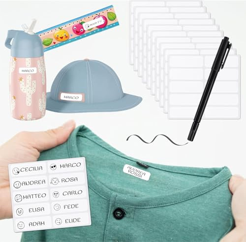 Etichette per Vestiti Senza Ferro Da Stiro, Set 200 Etichette con Pennarello, Resistenti e Personalizzabili, Ideali per Scuola e Bambini