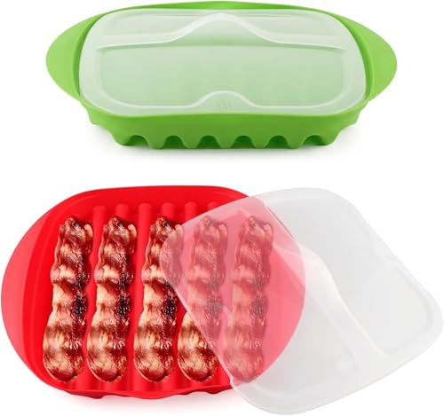 2 Pcs Microwave Bacon Crisper with Lid, Microwave Bacon Cooker with Grooved | Cooking Tray Food Grade Proof Bacon Maker Reusable Bacons Baking Utensils (H) 6.8*(W) 24.5*(L) 27.5cm- Red and Green