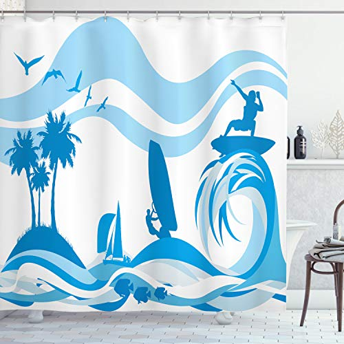 ABAKUHAUS Wasser Duschvorhang, Surfer Wellen Sommer, Stoffliches Gewebe Badezimmerdekorationsset mit Haken, 175 x 180 cm, Blau Hellblau