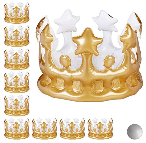 Relaxdays 10 x Aufblasbare Krone, Kostümzubehör Karneval, Accessoire für Prinzessin & König, JGA, Geburtstagskrone, Gold