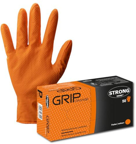 STRONGHAND® GRIP orange Einweghandschuh Nitril Gr. S Box = 50 Stück extrem stark Arbeitshandschuhe Montage Werkstatt