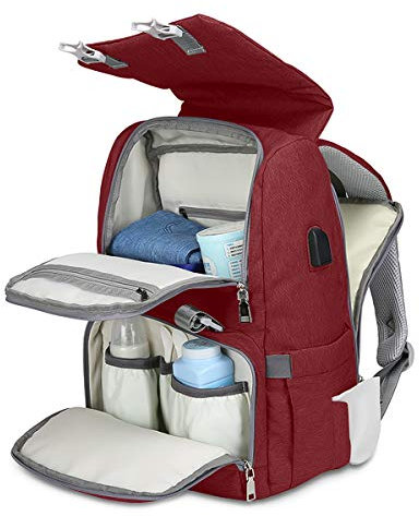 SONARIN Wasserdicht Multifunktions Baby Wickelrucksack mit Wickelauflage,USB Schnittstelle,Wickeltasche mit Flasche Isolierte Taschen,Große Kapazität, Waschmaschinenfest,Langlebig(Rot)