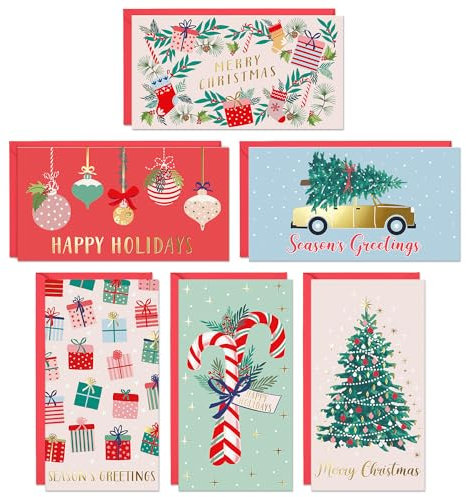 Sweetzer & Orange Cartes de Noël Porte-Argent ou Carte-Cadeau pour Adulte - 6 Designs, 4 de Chaque - Set de 24, Enveloppe Rouge - Intérieur Mat avec Encoches, Extérieur Brillant, 300 gsm - 8x15cm