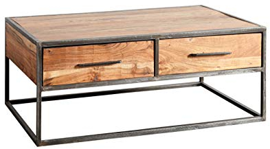 SAM Couchtisch Oklahoma, Akazienholz massiv & stonefarben, Beistelltisch mit 2 Schubladen, Gestell & Rahmen aus Roheisen, 120 x 40 x 60 cm