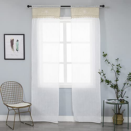 Coppia Tende Bianche Semi Trasparenti a Righe Orlo Superiore Beige con Ricamo Fiore Tenda Misto Lino Stile Shabby Chic per Camera Balcone Finestra e Interni 2 Pannelli con Tasca (Beige, 60x240cm)