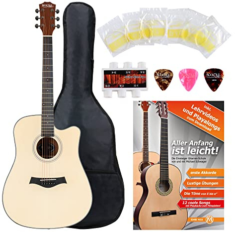 Rocktile WSD-101C NT Westerngitarre Starter Set, Decke: Fichte, X-Bracing | Korpusform: Square-Shoulder Dreadnought mit Cutaway, Boden & Zarge: Sapele, Hals: Okoume, Steg: Walnuss, Bünde: 20, 5 cm
