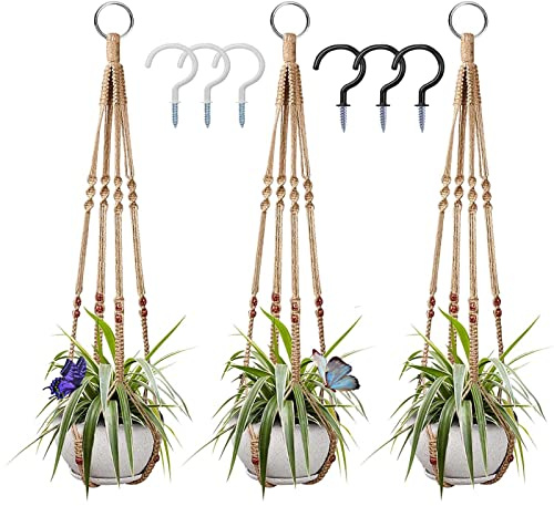 Makramee-Pflanzenaufhänger, 3er-Pack, Decken-Pflanzenaufhänger, 35 Zoll, braun, hängender Pflanzgefäßhalter, Boho, handgefertigt, Pflanzen-Juteseil mit 6 Haken und Perlen für Zuhause Balkon-Dekoration
