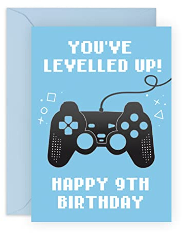 Central 23 Fun Ninth Birthday Card for Boys - 'You've Levelled Up!' - Happy 9th Birthday - 9 Year Old - Blue Greeting Card for Gamers - For Kids - Gift for Son, Grandson - With Stickers
