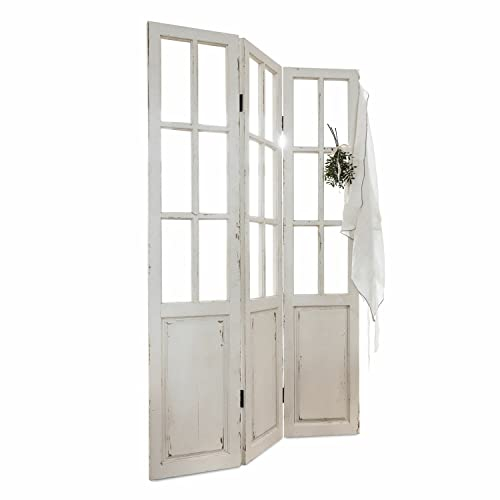 Loberon Paravent Torbin – edler Vintage-Charme, aufwendiges Antik-Finish, Creme, klare Glaseinsätze – Kiefernholz, Creme