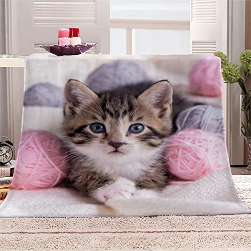 Kuscheldecke Erwachsene 180x220 cm Katze Weiche Flauschige Flanelldecke mit Muster 3D Effekt Decke Microfaser Wohndecke Rosa Pelzknäuel Tagesdecke Sofadecke Couchdecke TV-Decken