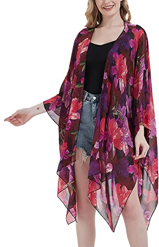 CuteSwan Women's Floral Print Chiffon Kimono Cardigan Loose Cover Up Casual Long Boho Sheer Cardigans