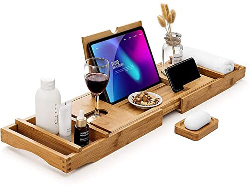 ZYFAB Premium Plateau de Baignoire, Extensible Bambou Plateau de Bain Luxe Support de Baignoire pour Lecture Ordinateur Portable Plateau de Service de Bain,Jaune