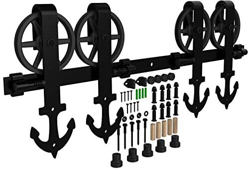 WOLFBIRD 200cm(6.6FT) Großes Rad Rolle Schiebetürbeschlag Holztür Doppeltür Schiebetürsystem Komplett-Set für 2 türen, Schwarz