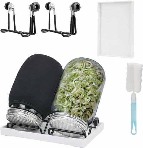 Deefongo Bocal de Germination de graines,2 Pots Mason à Large Ouverture avec couvercles de Germination en Acier Inoxydable 304, 1000ml, Support, Toile d'ombrage et Brosse, germes de graines