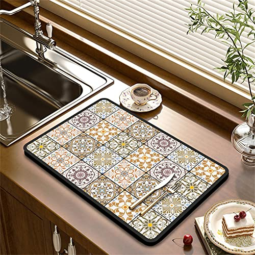 Morbuy Coffee Machine Pad Moroccan Tiles Pattern Kitchen Drainer Mat Dish Drying Mats Super Absorbent Quick Dry Non Slip Draining Mat Washable Placemat Bathroom Sink Mats (40x60cm,Orange)