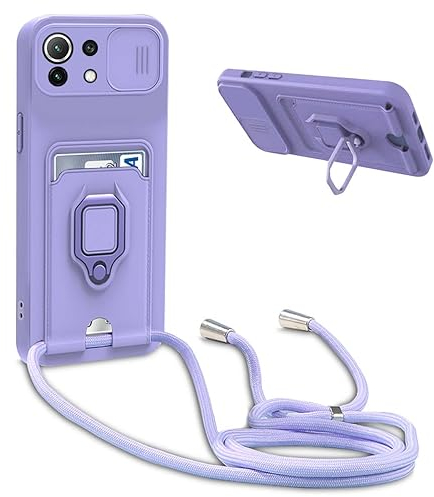Handykette Schutzhülle kompatibel mit Xiaomi 11 Lite 5G NE/Mi 11 Lite Handyhülle mit Band,Schiebe Kameraschutz,360 Grad Ringhalter Stand,Kartenfach,Verstellbarer Halskette Silikon hülle - Violett