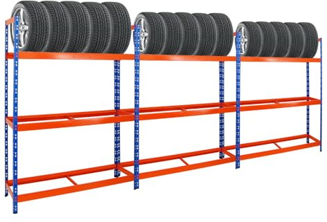 PROREGAL Mega Deal | 3X Reifenregal Tiger XL | HxBxT 200x150x45 cm | 300kg Fachlast | bis zu 54 Reifen | Blau-Orange