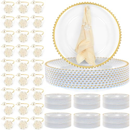 Tioncy 50 Set Clear Charger Plates Bulk Beaded Charger Plates and Napkin Rings 13 Inch Plastic Round Plates for Dinner Wedding Party Event Table Decoration(Gold)