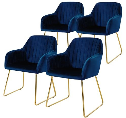 ML-Design Set de 4 Chaises de Salle à Manger, Bleu, Assise Rembourrée en Velours, Pieds Dorés en Métal, avec Dossier et Accoudoirs Ergonomiques, Fauteuil Moderne de Salon Bureau Chambre Cuisine