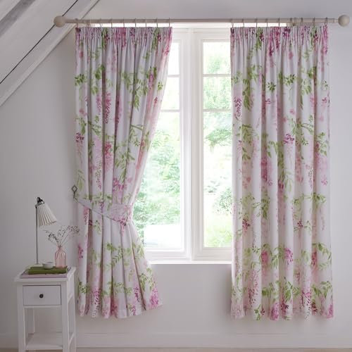 Dreams & Drapes - Wisteria Pink Floral Curtains W66 x L72 (168 x 183cm) - Botanical Pencil Pleated Drapes - Baby Pink Flower Spring Curtains in Blush