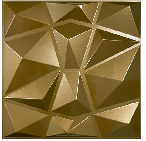 Gold 3D Paneele PVC 50cm x 50cm Kunststoffpaneele 12 Stück Wandpaneele Brushed Gaming Zimmer Wand Decke 3D Optik Diamant PVC 3D Platten