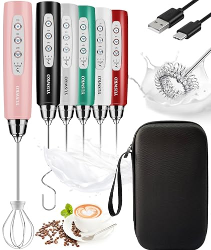 YUSWKO Rechargeable Milk Frother Handheld Frother Wand Drink Mixer for Coffee, Electric Whisk 3 Speed Adjustable, Coffee Foamer Maker with 3 Stainless Whisks Ideal Stirrers for Travel - Pink