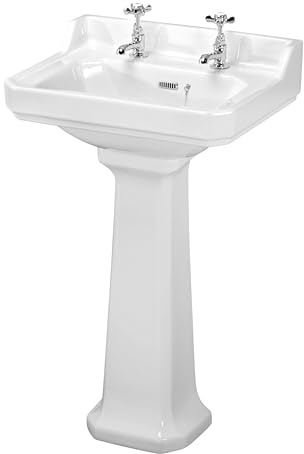 Balterley 560mm Traditional mm Bathroom Sink, Full Pedestal Ceramic Bathroom Wash Basin Sink with Overflow, 2 Tap Hole, Floor Standing Basin Sinks for Cloakroom - 560 x 450 x 905mm (White)